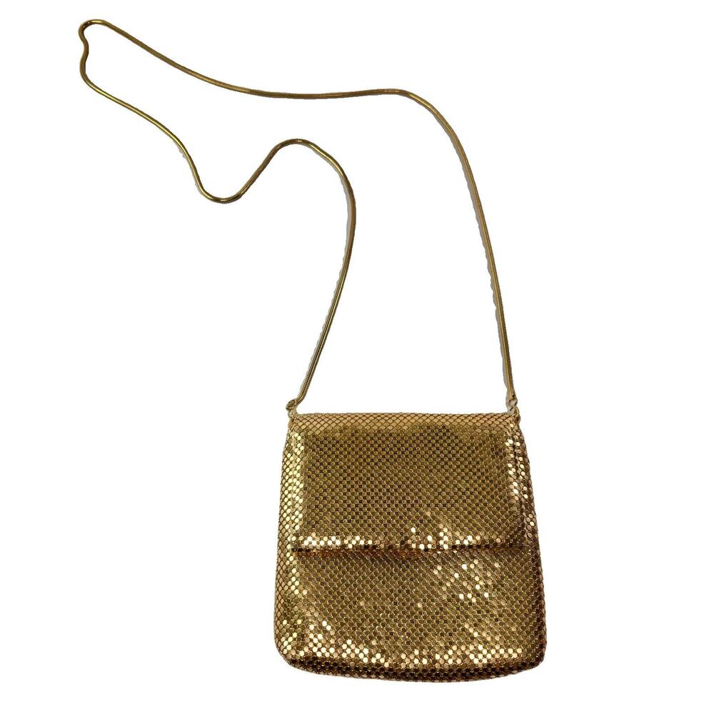 Vtg Gold Tone Metal Mesh Shoulder bag Evening Purse Chain Strap Disco Glam 70s